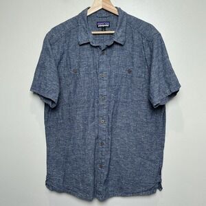 Patagonia Men's Shirt Organic Cotton LARGE Blue Geometric Button Short Sleeve